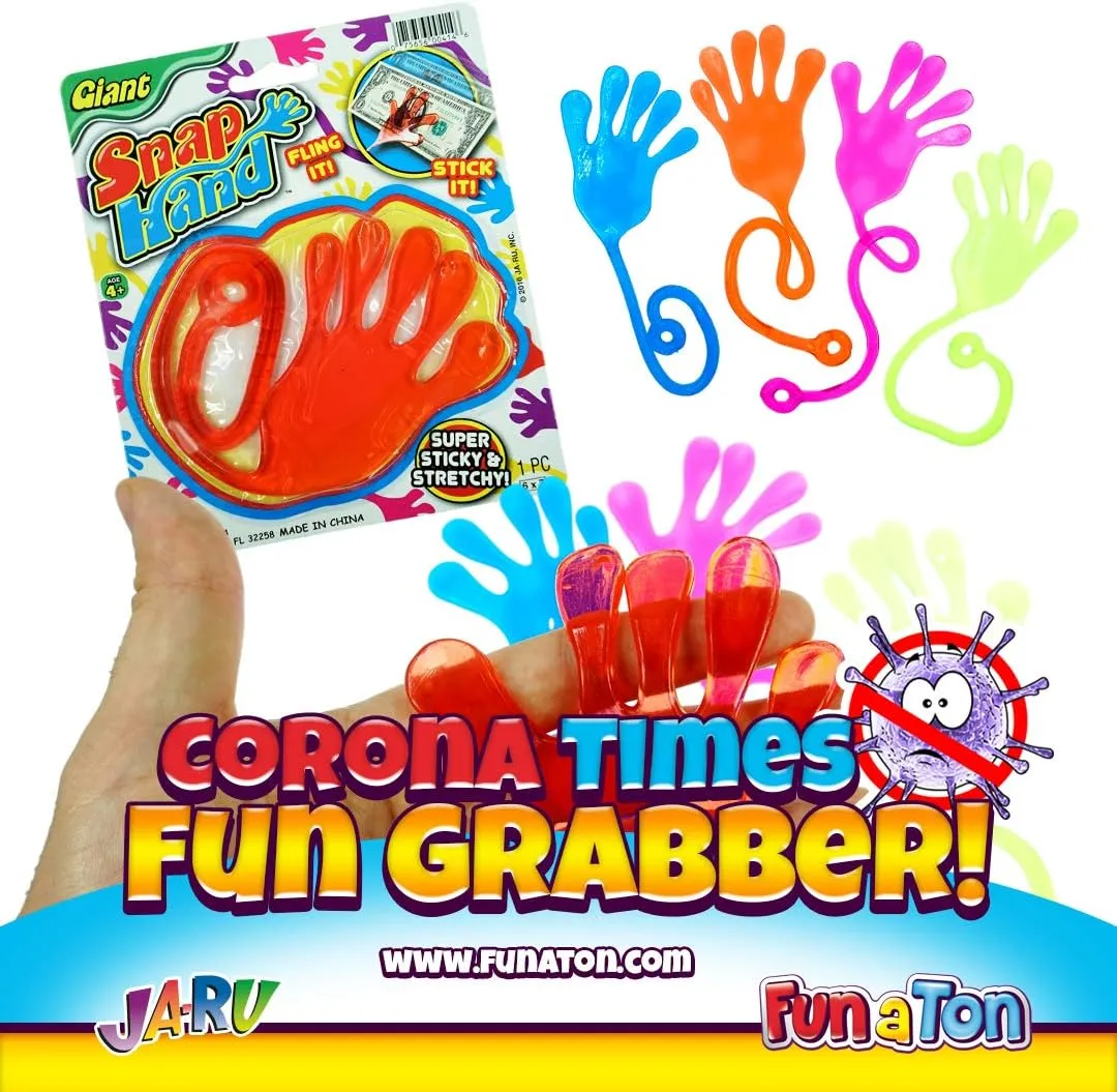 Giant Snap Hand Toy (12 Pack Assorted) Jumbo Stretchy Sticky Hands Toys for Kids. Party Favors, Classroom Prizes, Birthday Gifts Easter Day Goodie Bags Stuffers Bulk.414-12s