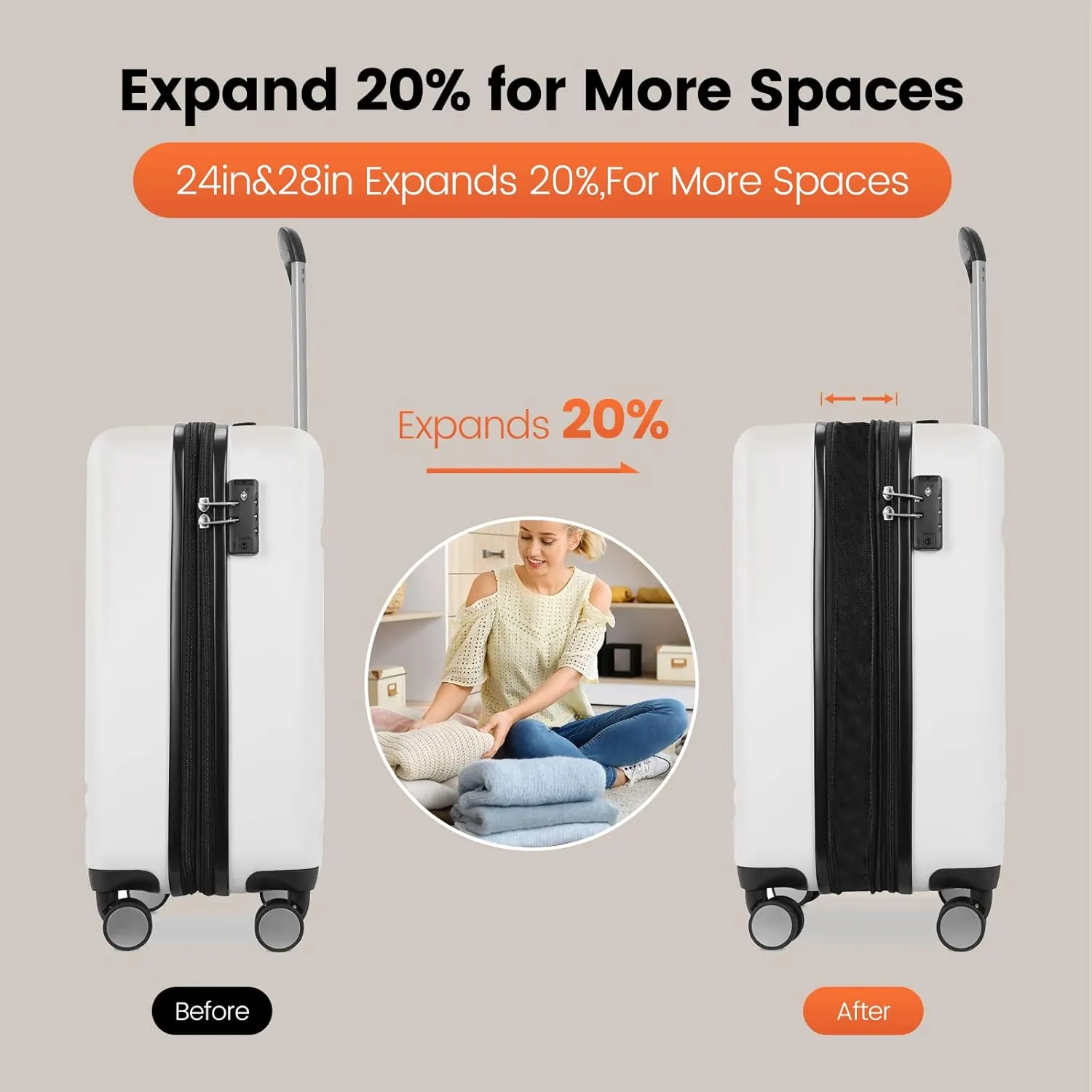 GinzaTravel 2-Piece Luggage Sets Expandable Suitcases with 4 Wheels PC ABS Durable Hardside Luggage sets TSA lock (White, 2-Piece Set(20"/29"))