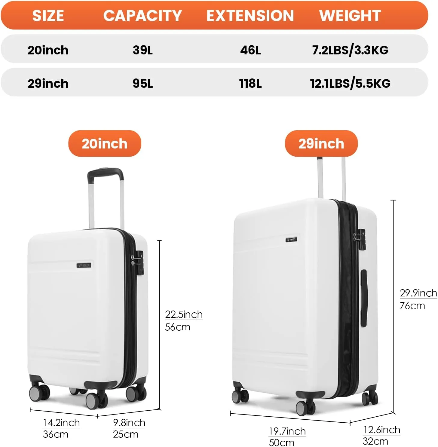 GinzaTravel 2-Piece Luggage Sets Expandable Suitcases with 4 Wheels PC ABS Durable Hardside Luggage sets TSA lock (White, 2-Piece Set(20"/29"))