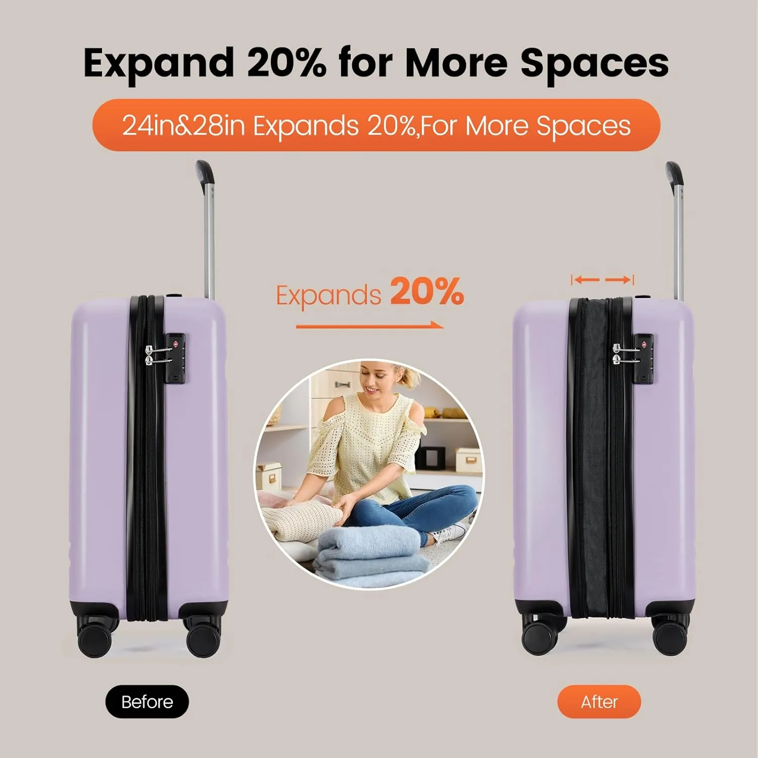 GinzaTravel 3-Piece Luggage Sets Expandable Suitcases with 4 Wheels PC ABS Durable Hardside Luggage sets TSA lock (Lavender Purple, 3-Piece Set(20"/25"/29"))