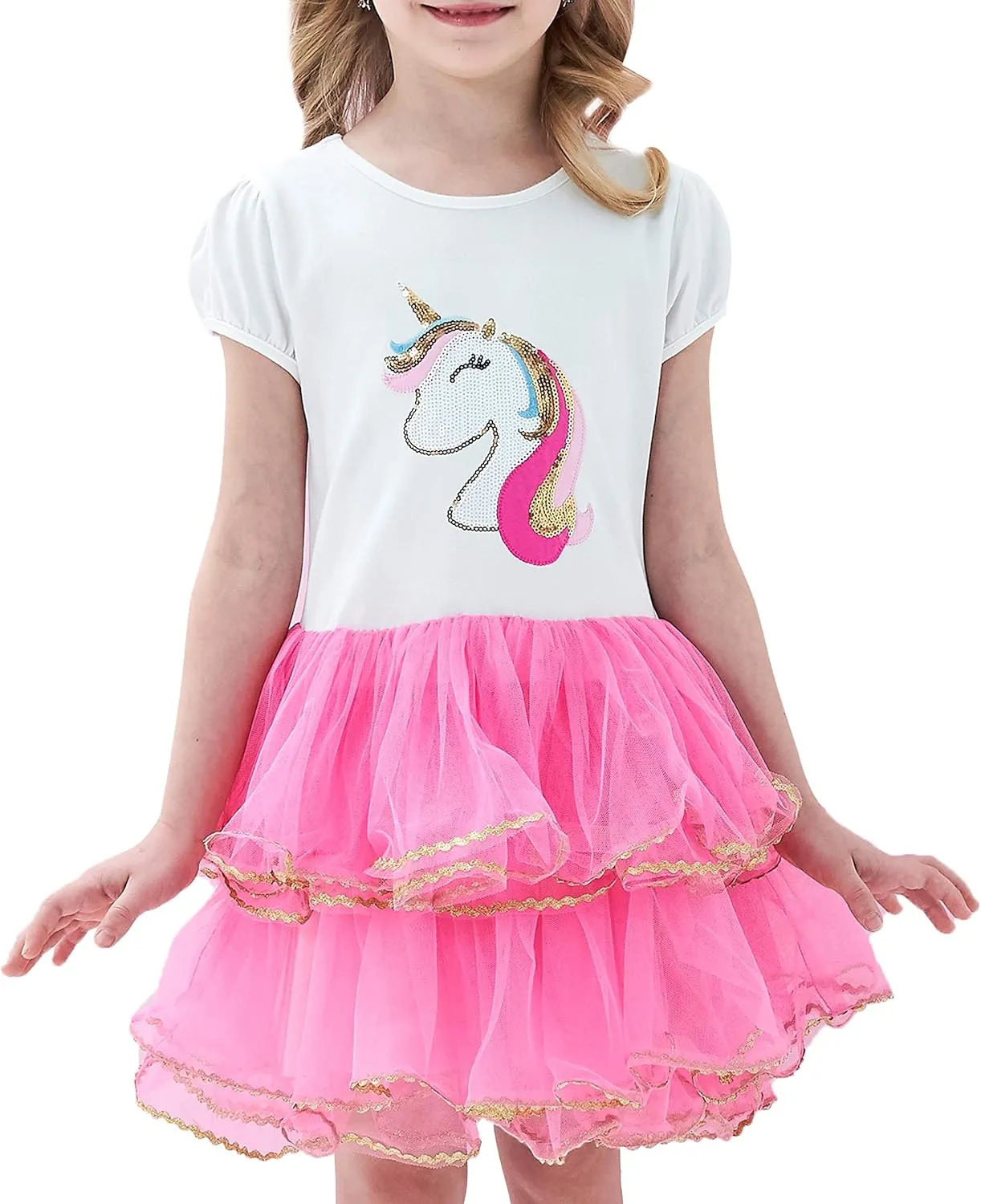 Girls Dress Pink Tutu Unicorn Dancing Tiered Skirt Ballet Birthday Party 3-7