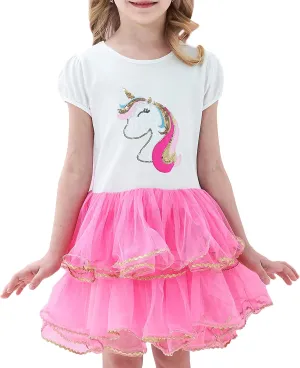 Girls Dress Pink Tutu Unicorn Dancing Tiered Skirt Ballet Birthday Party 3-7