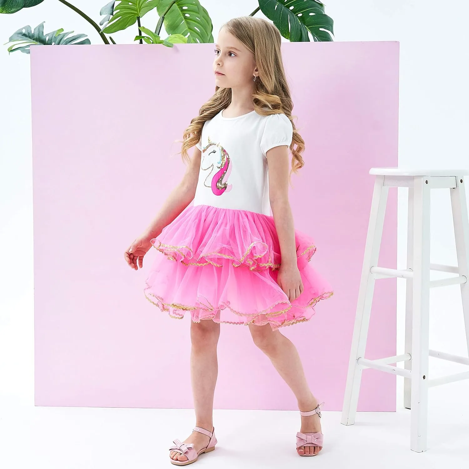 Girls Dress Pink Tutu Unicorn Dancing Tiered Skirt Ballet Birthday Party 3-7