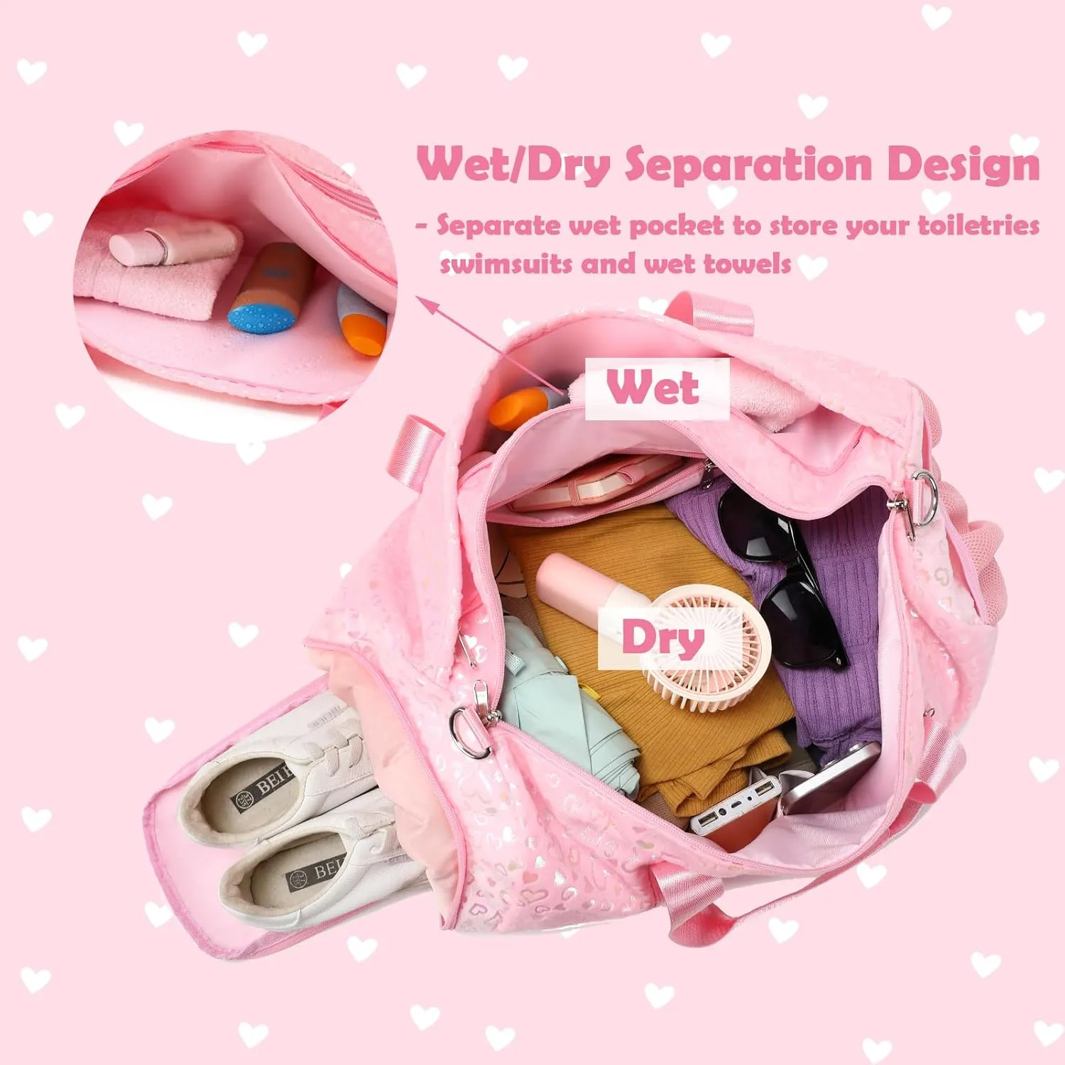Girls Duffle Bags, Pink Soft Plush Large-capacity Dance Ballet Bag Gym Sport Overnight Travel Sleepover Bags with Shoe Compartment for Women Girl
