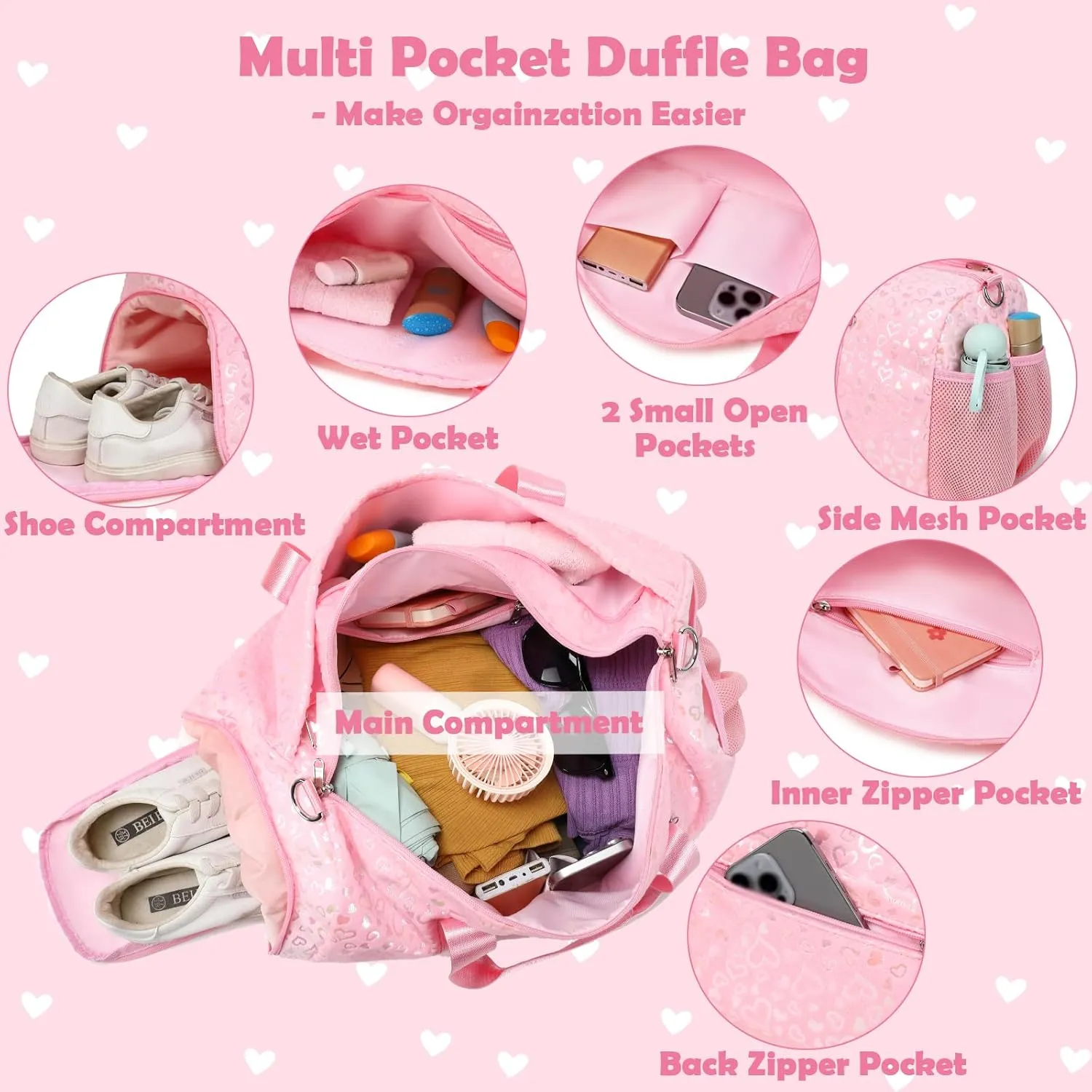 Girls Duffle Bags, Pink Soft Plush Large-capacity Dance Ballet Bag Gym Sport Overnight Travel Sleepover Bags with Shoe Compartment for Women Girl