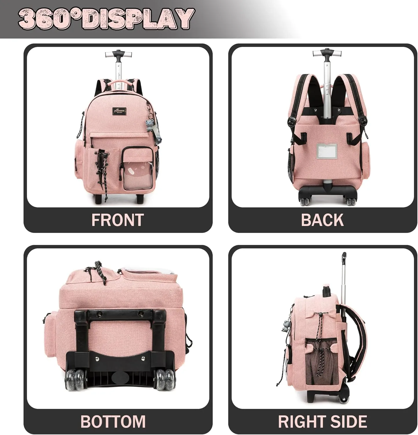 Girls Rolling Backpack - 3 in 1 Wheeled Backpack with Lunch Box - Perfect for Teens & School