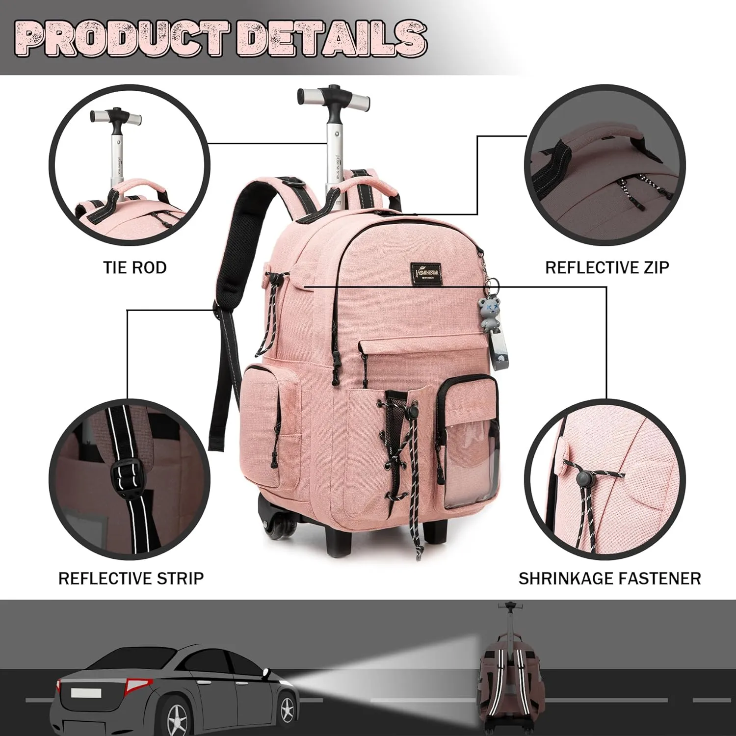 Girls Rolling Backpack - 3 in 1 Wheeled Backpack with Lunch Box - Perfect for Teens & School