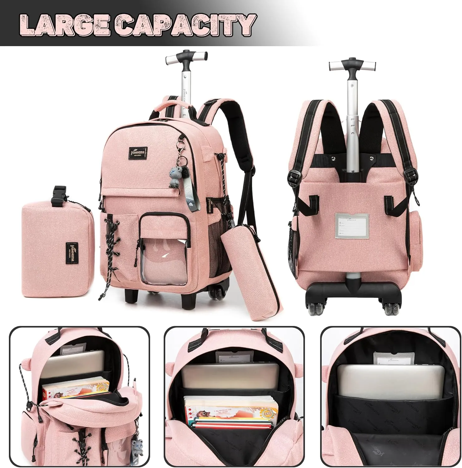 Girls Rolling Backpack - 3 in 1 Wheeled Backpack with Lunch Box - Perfect for Teens & School