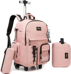 Girls Rolling Backpack - 3 in 1 Wheeled Backpack with Lunch Box - Perfect for Teens & School