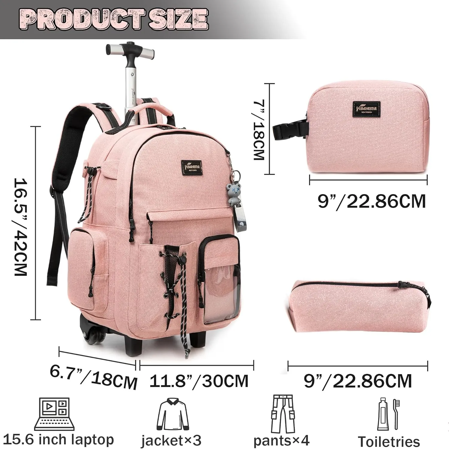 Girls Rolling Backpack - 3 in 1 Wheeled Backpack with Lunch Box - Perfect for Teens & School