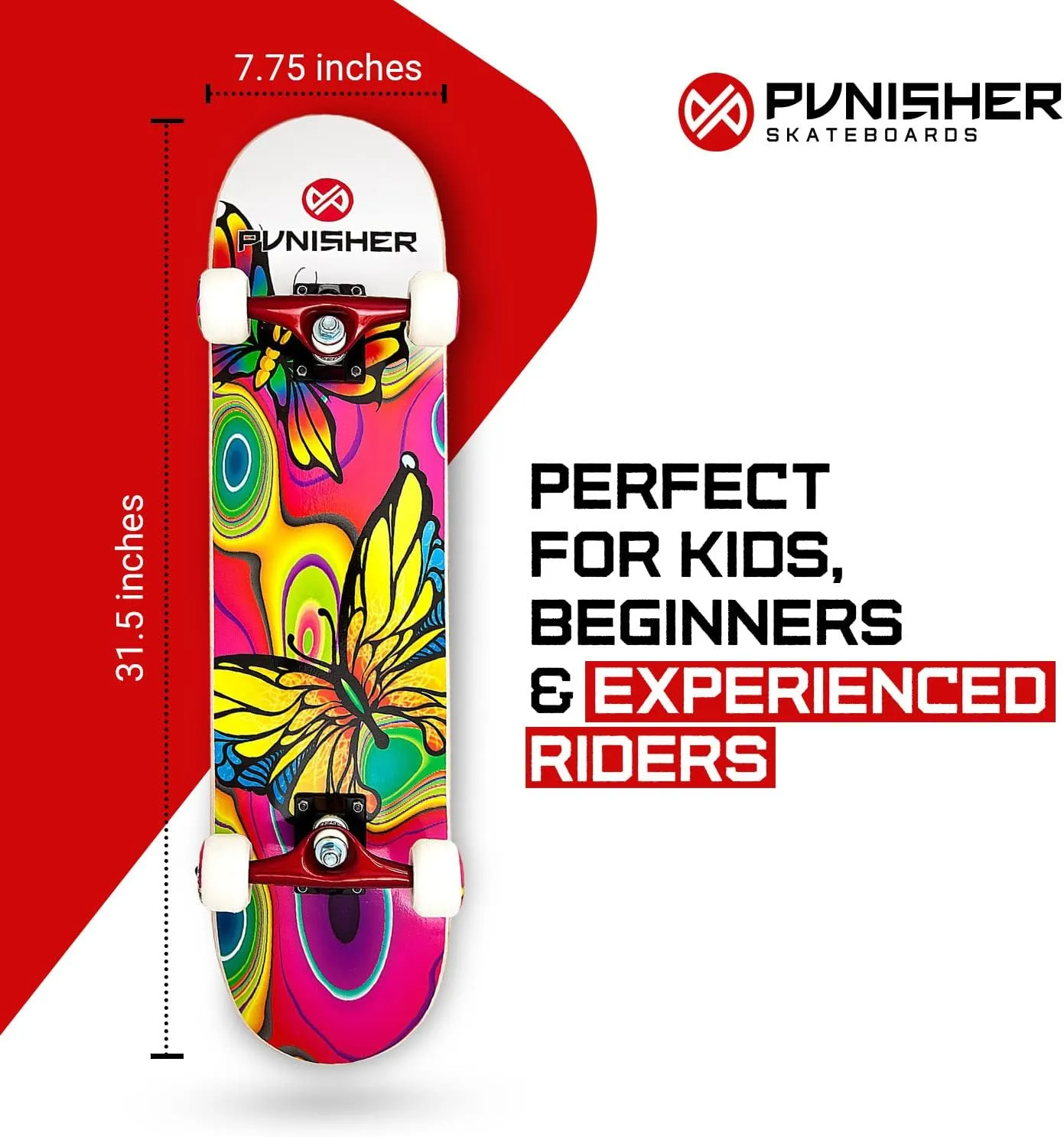 Girls Skateboard Complete with 31.5" x 7.75" Double Kick Concave Deck Canadian Maple ABEC-7 Bearings
