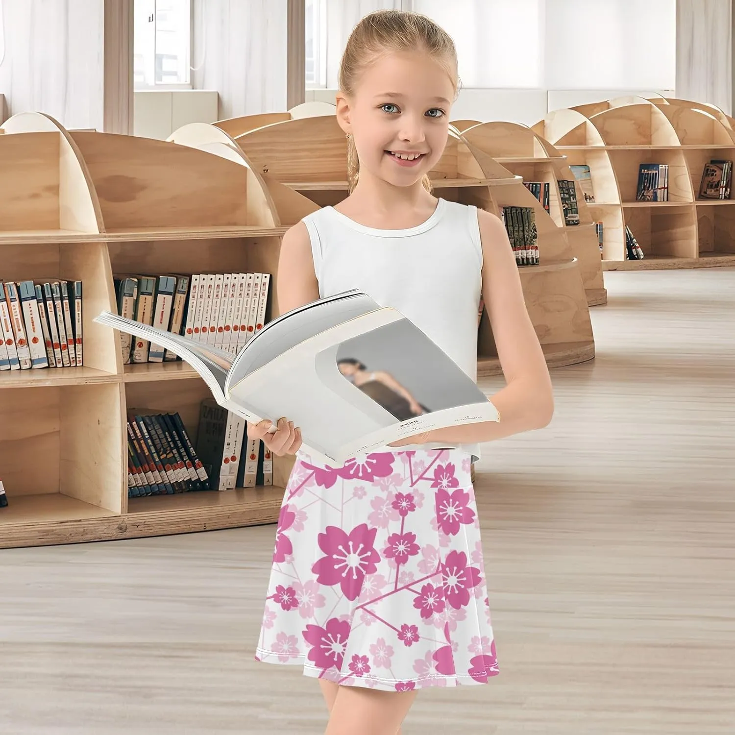 Girls Skorts Active Athletic Skirts with Inner Built-in Shorts for Golf Tennis 3-12T Cherry Blossom Floral Pink