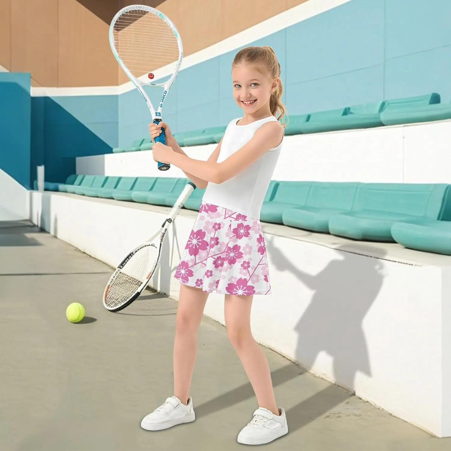 Girls Skorts Active Athletic Skirts with Inner Built-in Shorts for Golf Tennis 3-12T Cherry Blossom Floral Pink
