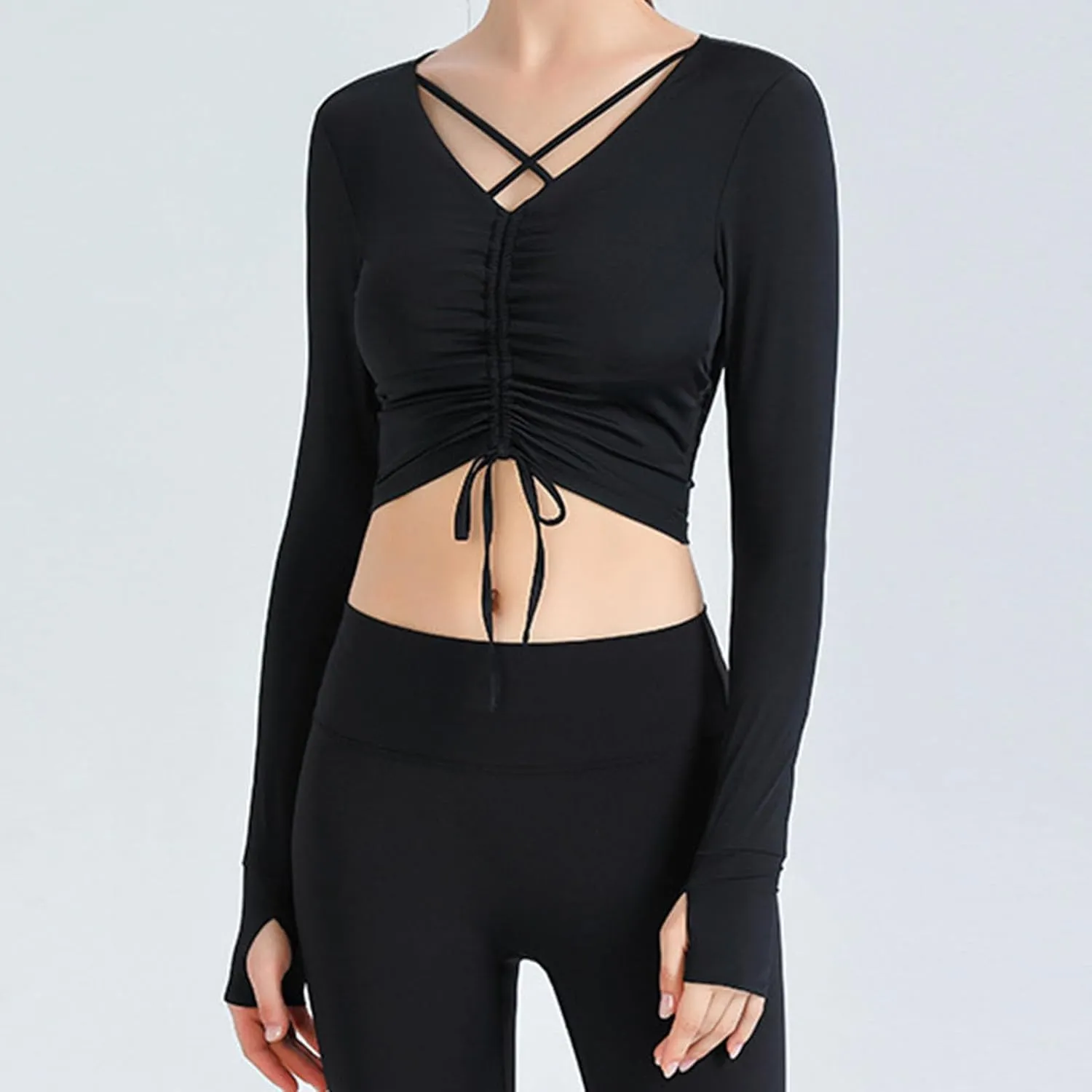 Going Out Tops for Women Workout Ballet Tie Knot Lace Up Compression Shirt Long Sleeve Y2k Tracksuit with Thumb Holes