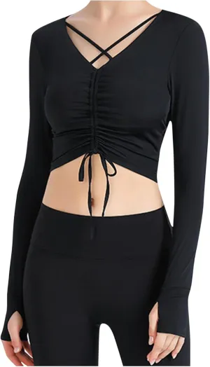 Going Out Tops for Women Workout Ballet Tie Knot Lace Up Compression Shirt Long Sleeve Y2k Tracksuit with Thumb Holes