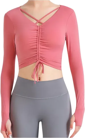 Going Out Tops for Women Workout Ballet Tie Knot Lace Up Compression Shirt Long Sleeve Y2k Tracksuit with Thumb Holes
