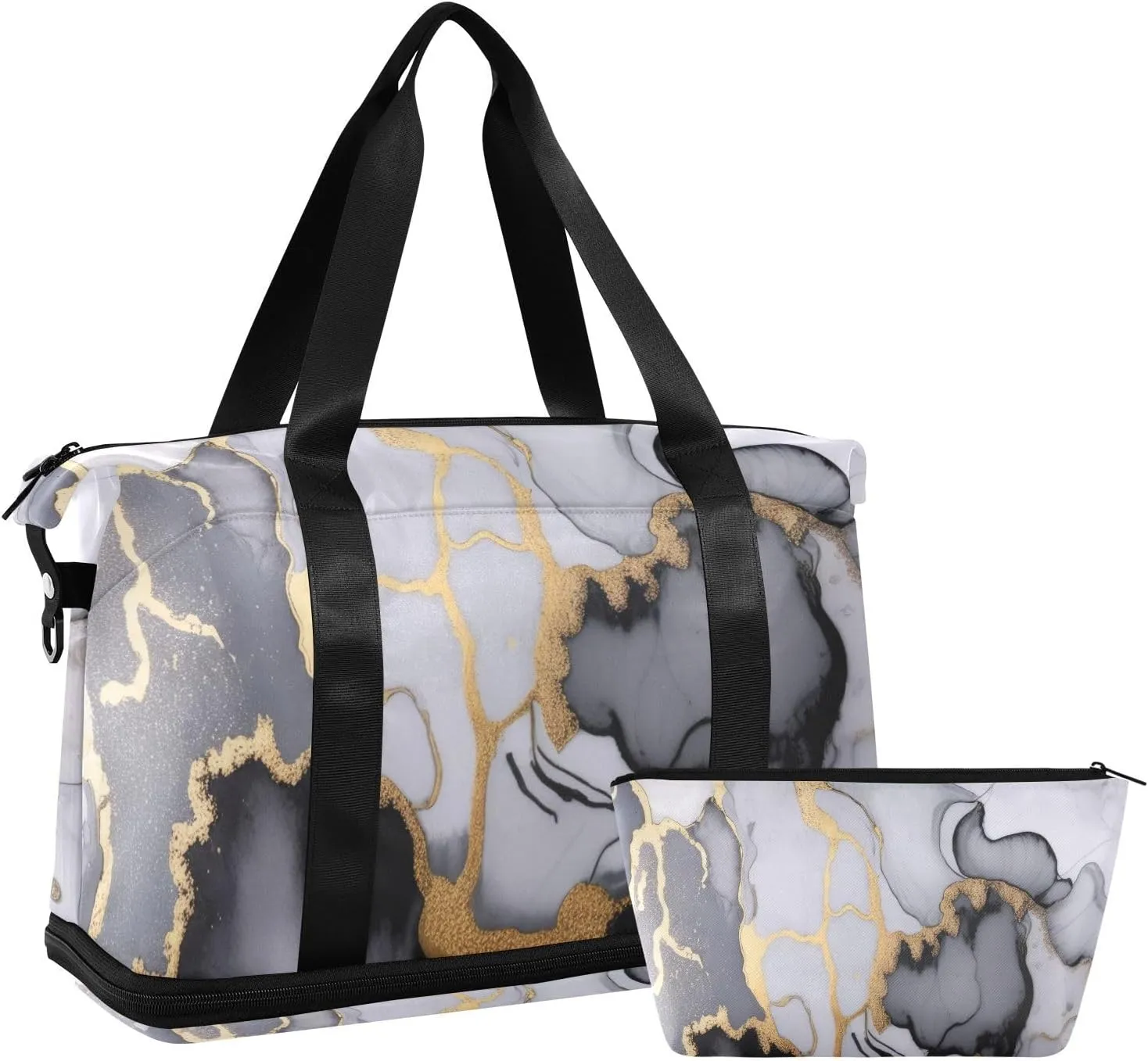 Gray Gold Black Marble Gym Bag for Women Sport Travel Duffel Bag Shoulder Weekender Overnight Bags with Wet Pocket & Shoe Compartment
