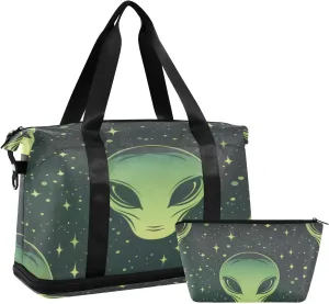 Green Alien Face Gym Bag - Weekender Overnight Bags for Women Men, Sport Travel Duffel Bag with Wet Pocket & Shoe Compartment