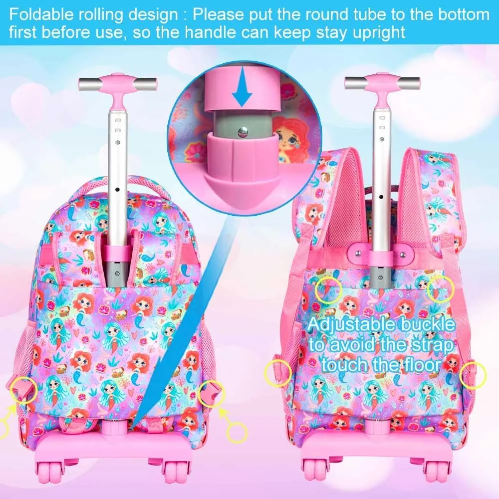 gxtvo 3PCS Girls Rolling Backpack, Water Resistant Roller Bookbag Set, Cute Kids School Bag with Wheels for Elementary Preschool - Pink Mermaid