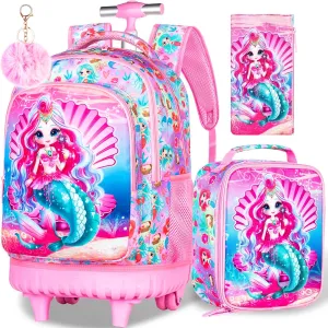 gxtvo 3PCS Girls Rolling Backpack, Water Resistant Roller Bookbag Set, Cute Kids School Bag with Wheels for Elementary Preschool - Pink Mermaid