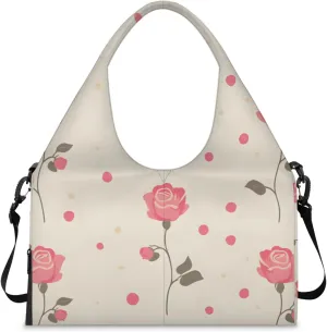 Gym Bag for Women Dots Roses Duffel Bag with Shoe Compartment and Yoga Mat Holder Portable Weekender Bags Travel Tote Bags