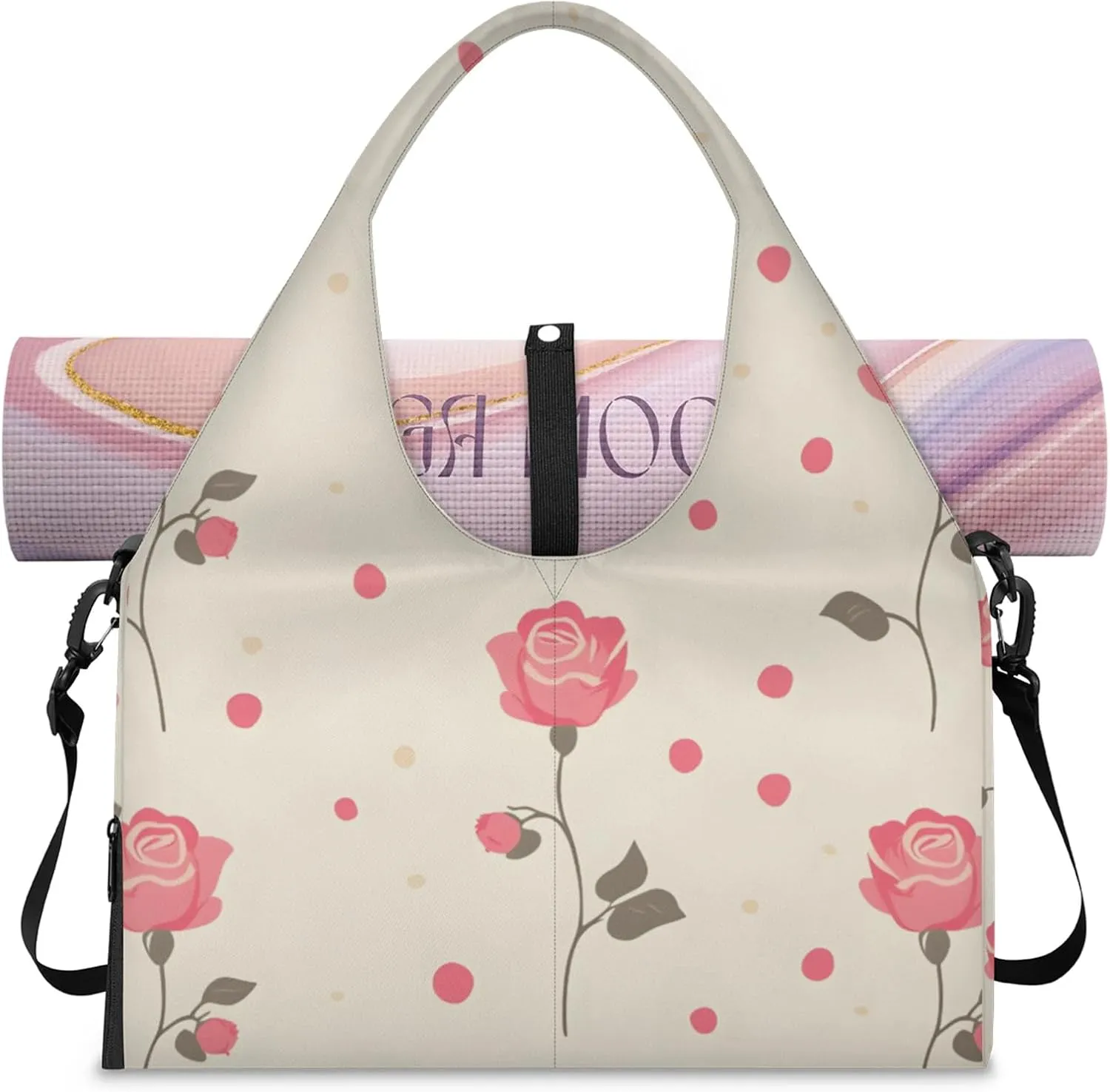 Gym Bag for Women Dots Roses Duffel Bag with Shoe Compartment and Yoga Mat Holder Portable Weekender Bags Travel Tote Bags
