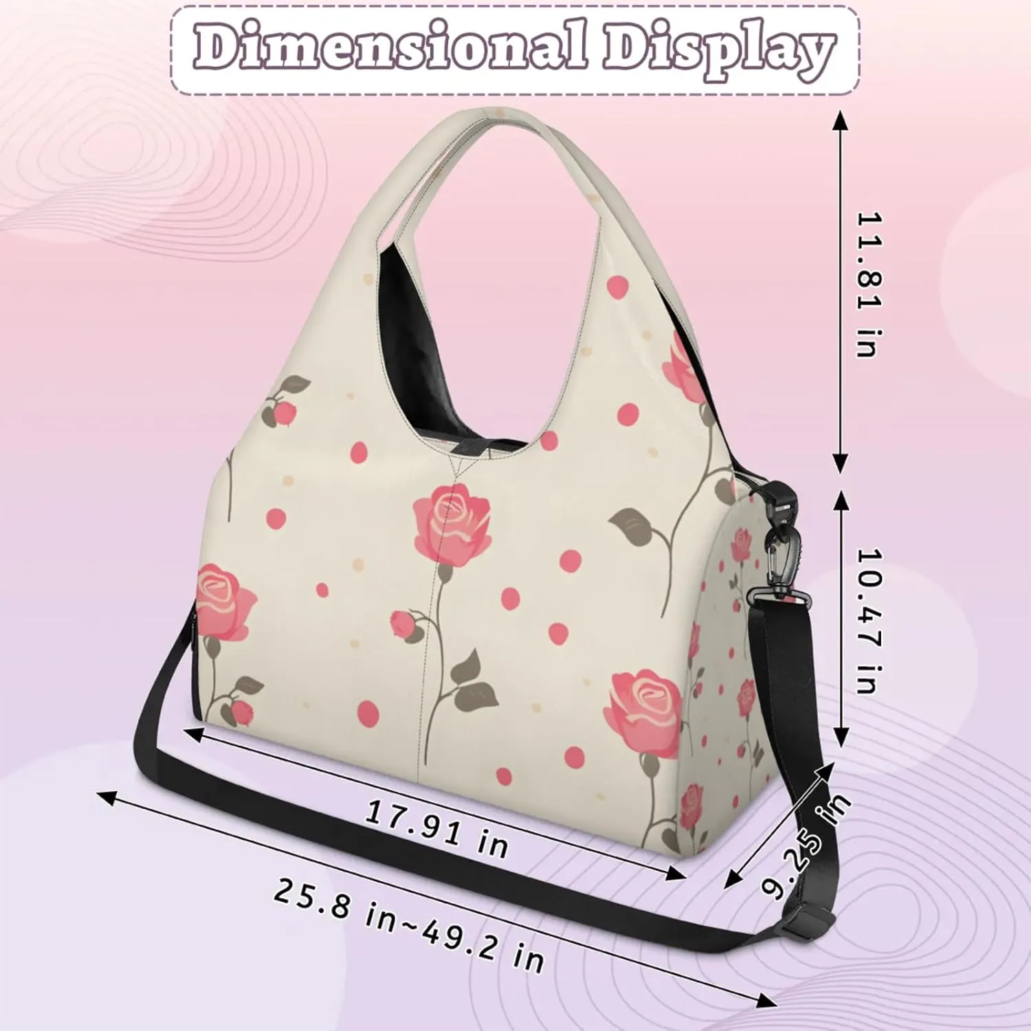 Gym Bag for Women Dots Roses Duffel Bag with Shoe Compartment and Yoga Mat Holder Portable Weekender Bags Travel Tote Bags