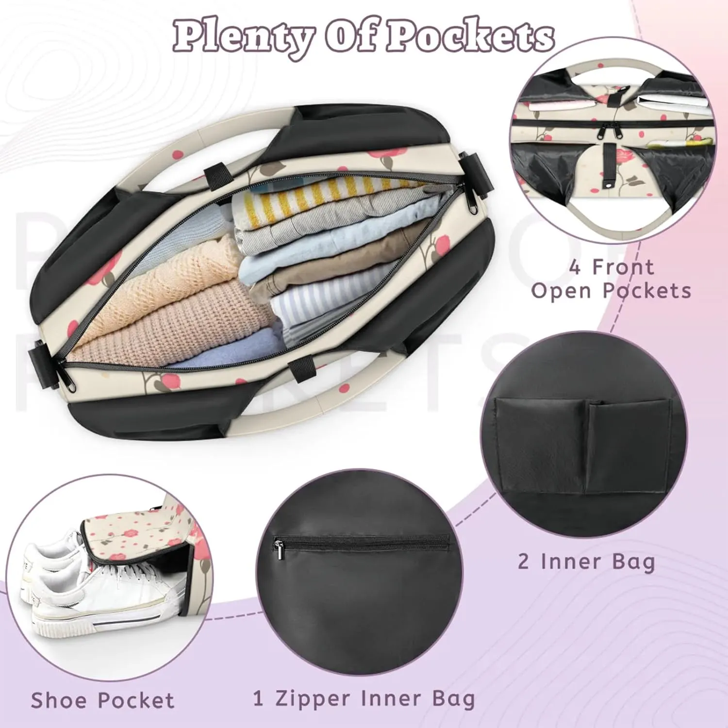 Gym Bag for Women Dots Roses Duffel Bag with Shoe Compartment and Yoga Mat Holder Portable Weekender Bags Travel Tote Bags