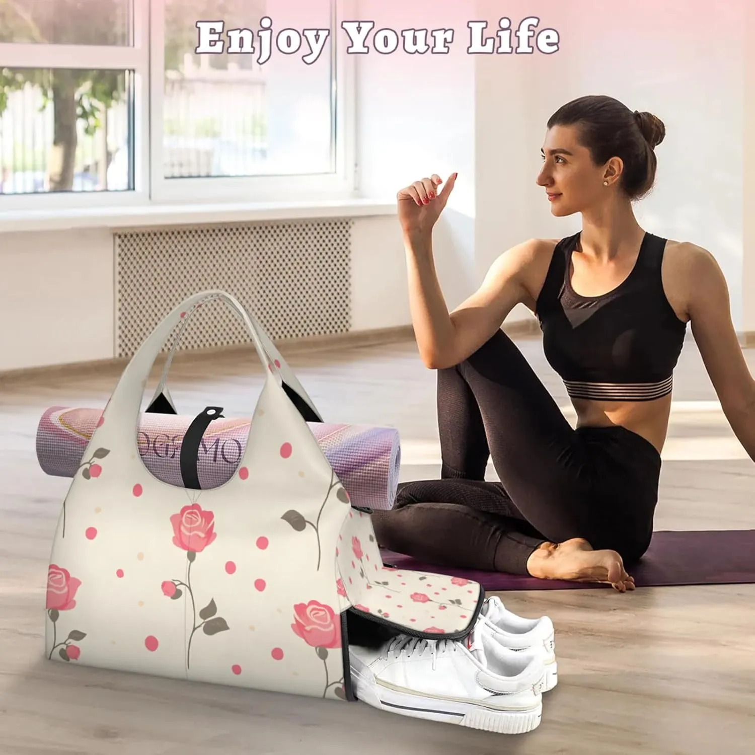 Gym Bag for Women Dots Roses Duffel Bag with Shoe Compartment and Yoga Mat Holder Portable Weekender Bags Travel Tote Bags