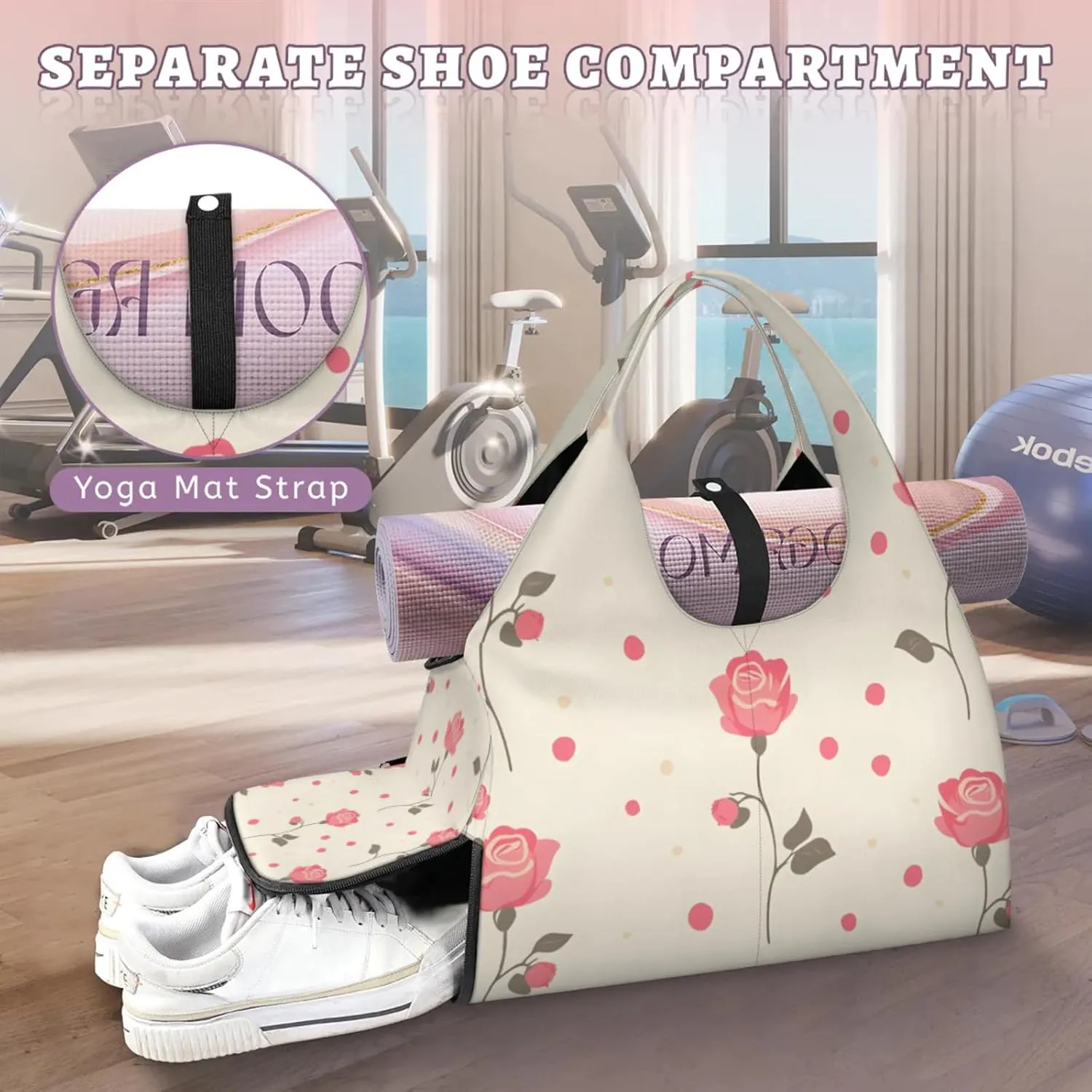Gym Bag for Women Dots Roses Duffel Bag with Shoe Compartment and Yoga Mat Holder Portable Weekender Bags Travel Tote Bags