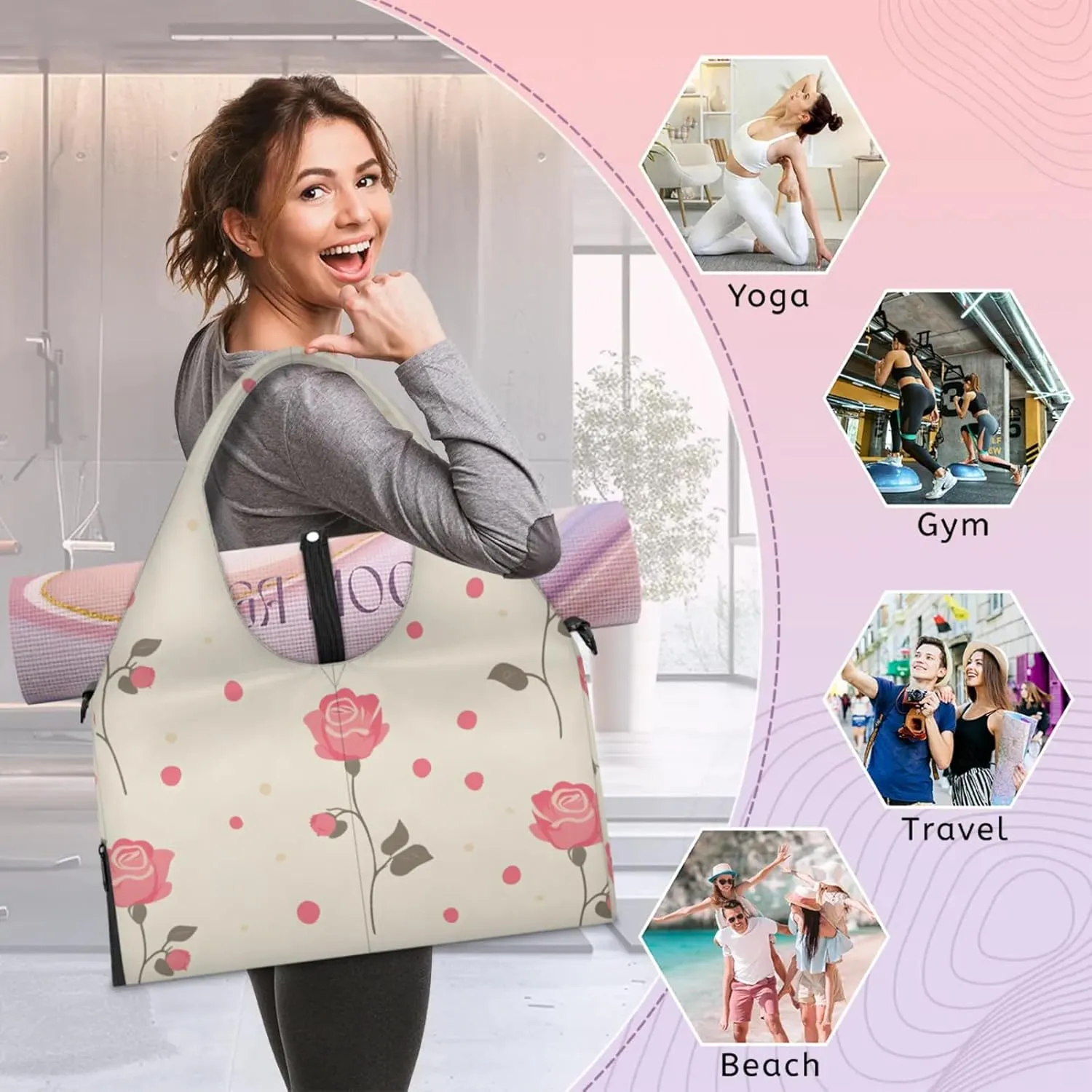 Gym Bag for Women Dots Roses Duffel Bag with Shoe Compartment and Yoga Mat Holder Portable Weekender Bags Travel Tote Bags