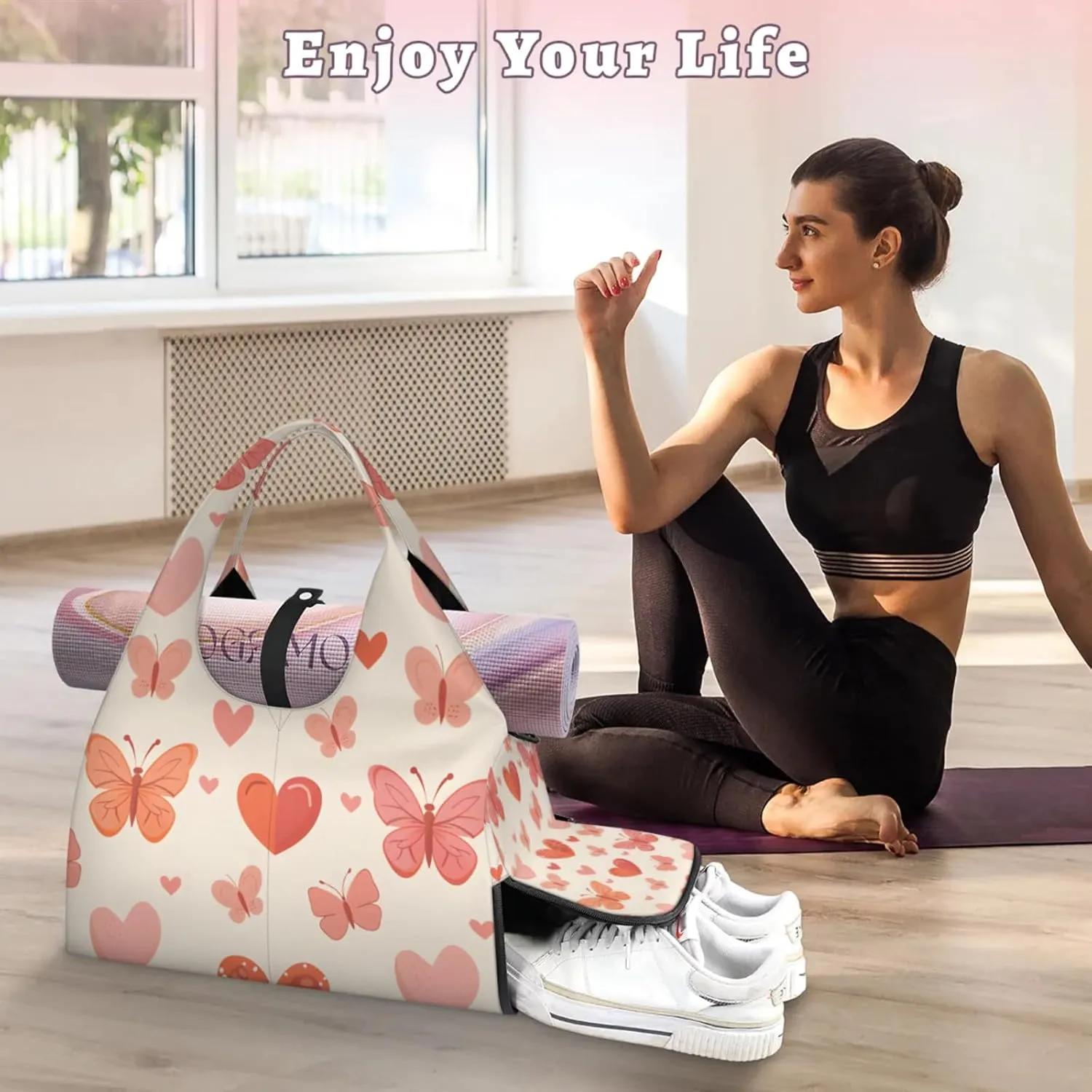 Gym Bag for Women Lovely Butterflies Hearts Duffel Bag with Shoe Compartment and Yoga Mat Holder Portable Weekender Bags Travel Tote Bags