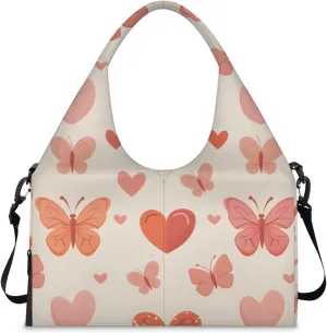 Gym Bag for Women Lovely Butterflies Hearts Duffel Bag with Shoe Compartment and Yoga Mat Holder Portable Weekender Bags Travel Tote Bags