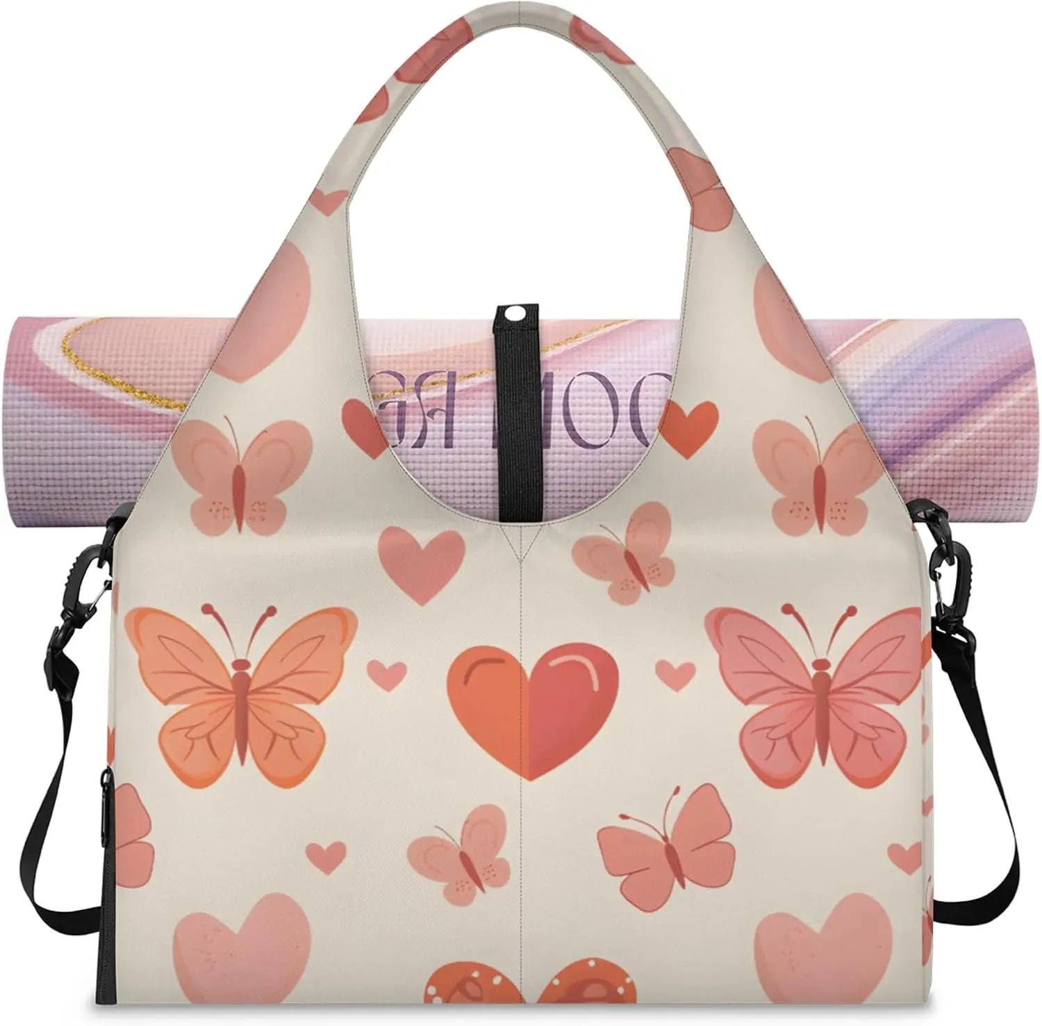 Gym Bag for Women Lovely Butterflies Hearts Duffel Bag with Shoe Compartment and Yoga Mat Holder Portable Weekender Bags Travel Tote Bags