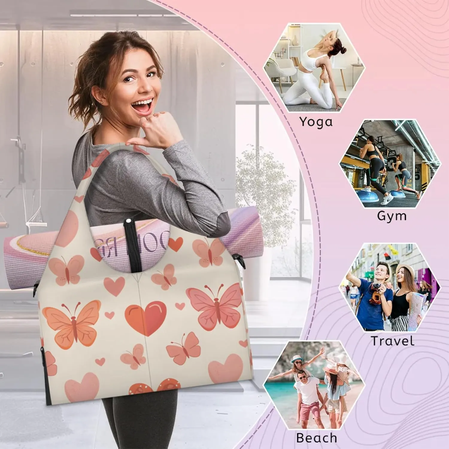 Gym Bag for Women Lovely Butterflies Hearts Duffel Bag with Shoe Compartment and Yoga Mat Holder Portable Weekender Bags Travel Tote Bags