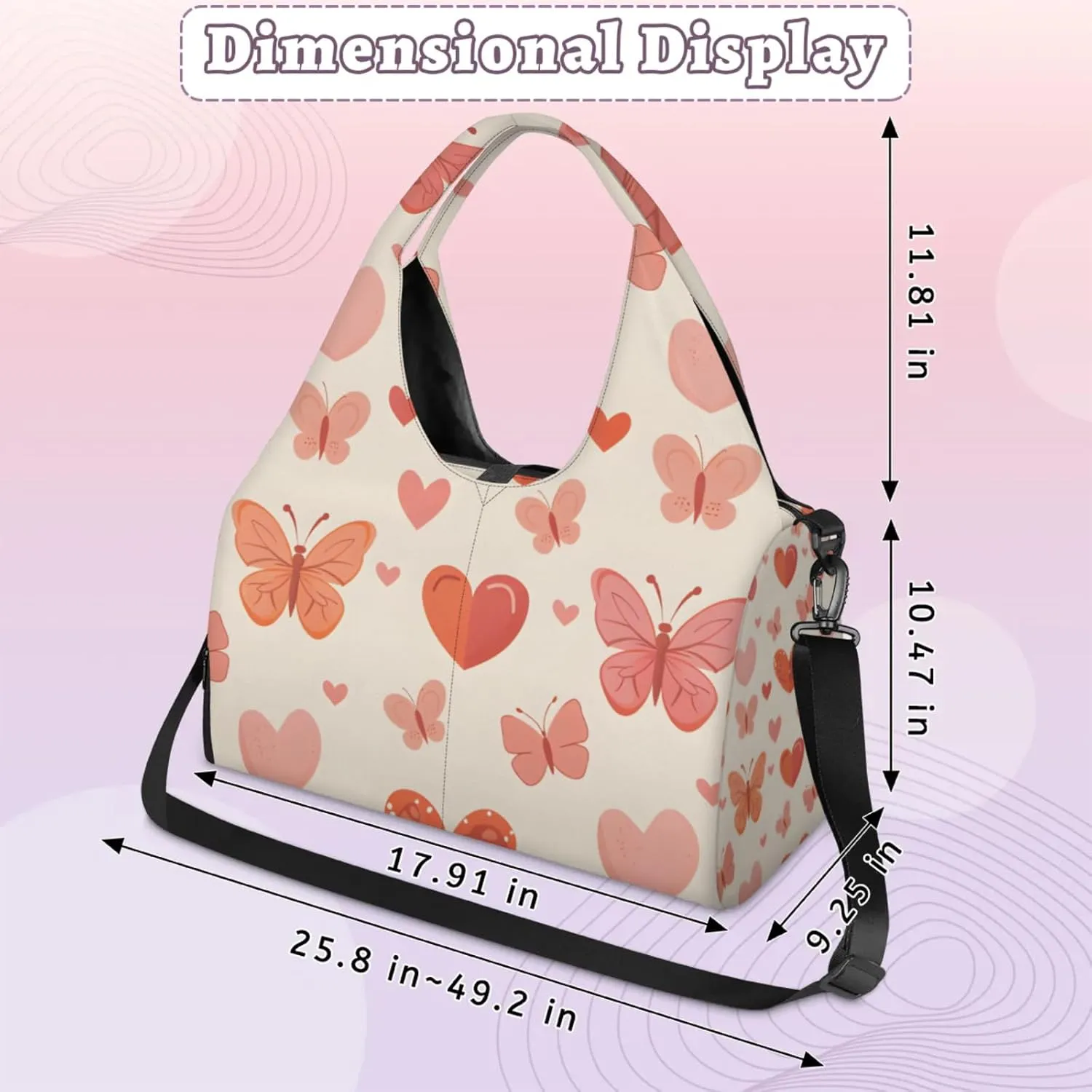 Gym Bag for Women Lovely Butterflies Hearts Duffel Bag with Shoe Compartment and Yoga Mat Holder Portable Weekender Bags Travel Tote Bags