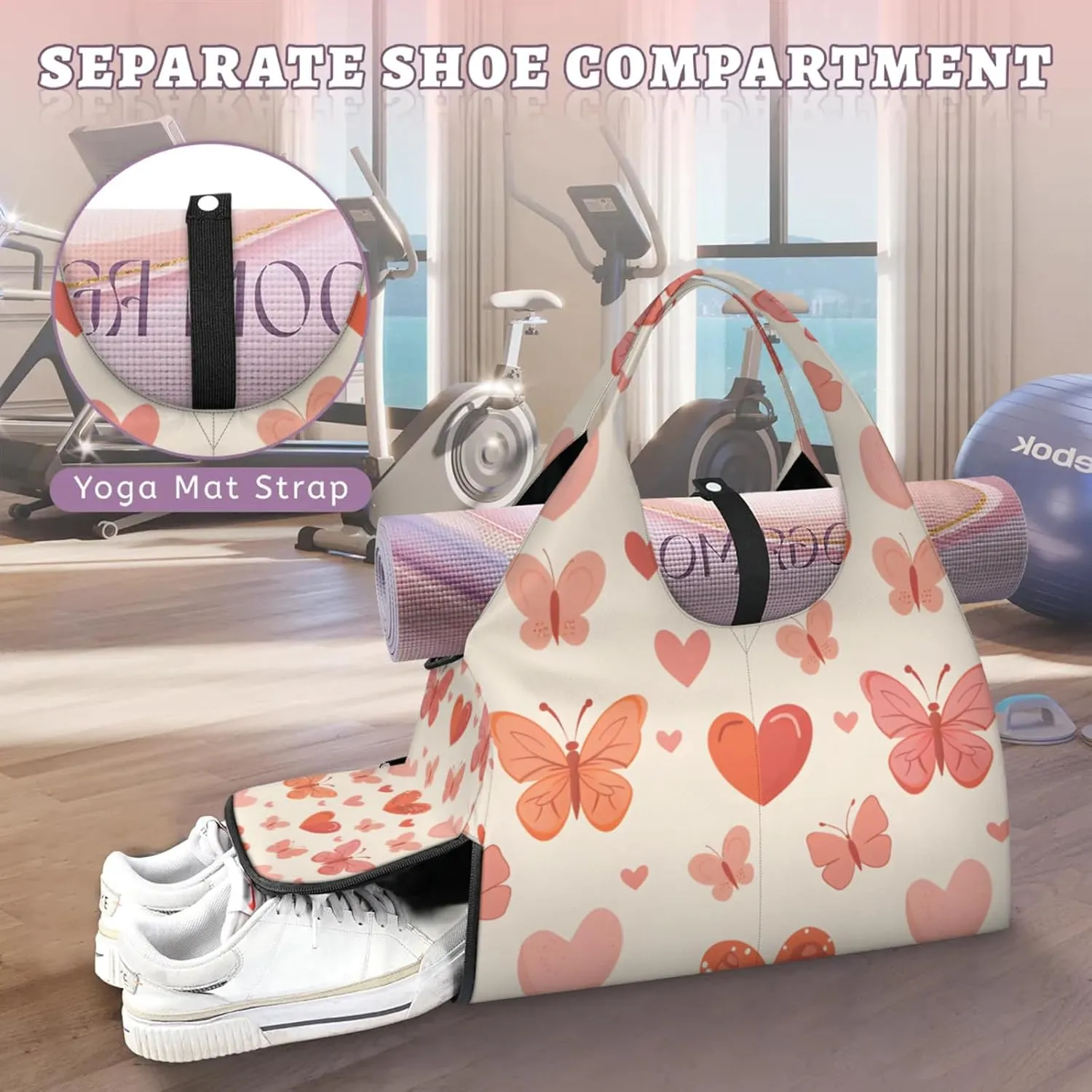 Gym Bag for Women Lovely Butterflies Hearts Duffel Bag with Shoe Compartment and Yoga Mat Holder Portable Weekender Bags Travel Tote Bags