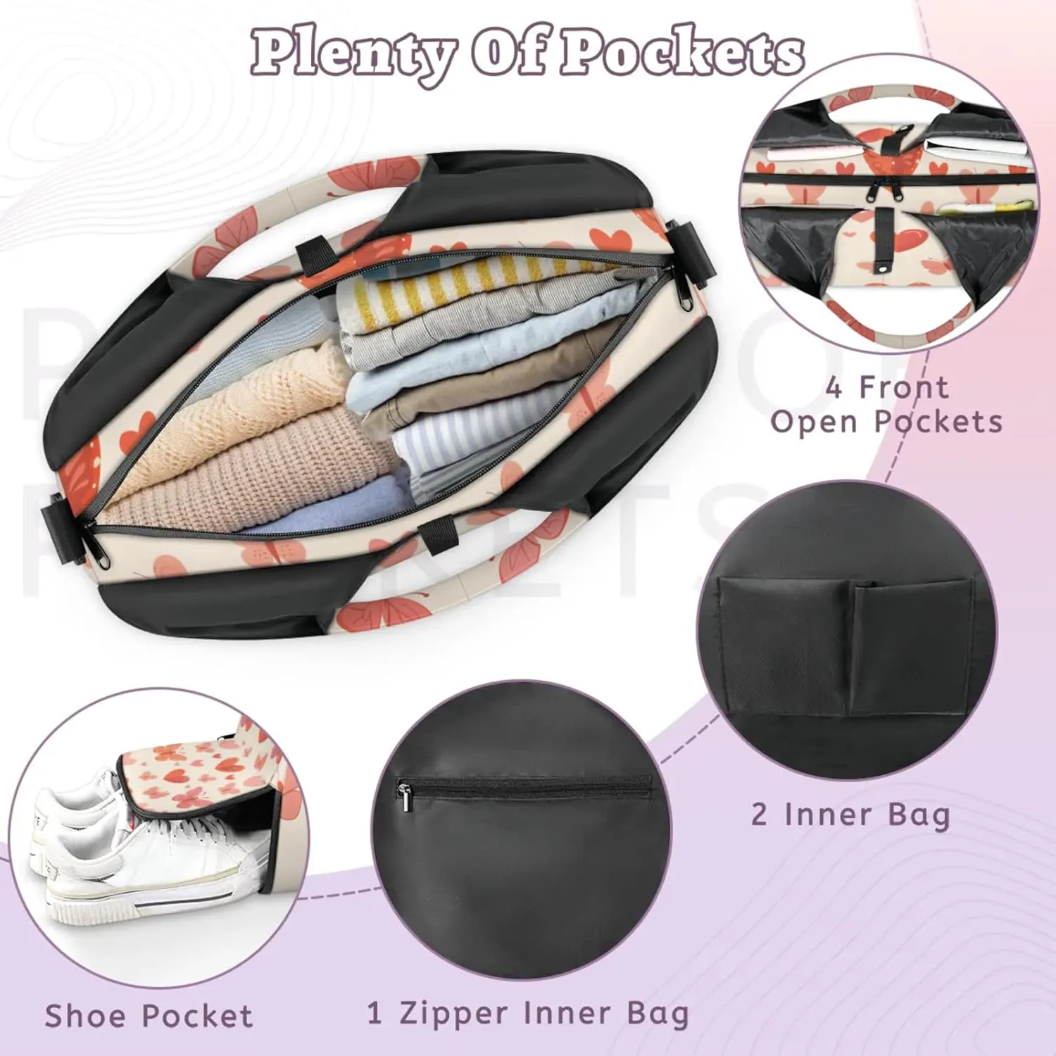 Gym Bag for Women Lovely Butterflies Hearts Duffel Bag with Shoe Compartment and Yoga Mat Holder Portable Weekender Bags Travel Tote Bags