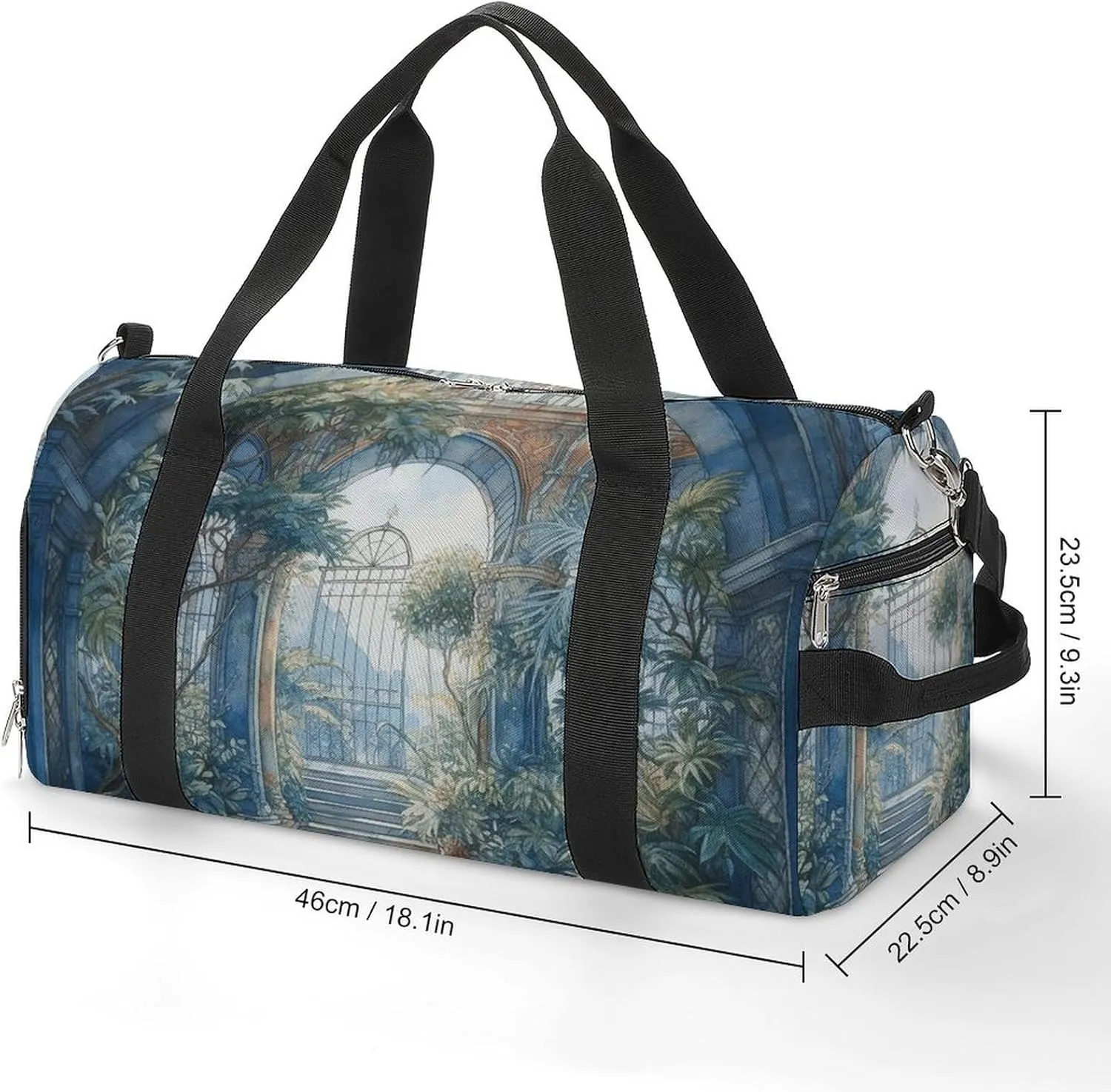 Gym Bags for Men Women Blue Arch with Plants Duffle Bag Travel Overnight Bag with Shoe Compartment Tote Bags