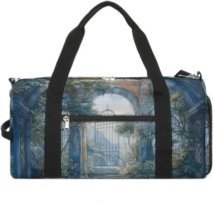 Gym Bags for Men Women Blue Arch with Plants Duffle Bag Travel Overnight Bag with Shoe Compartment Tote Bags