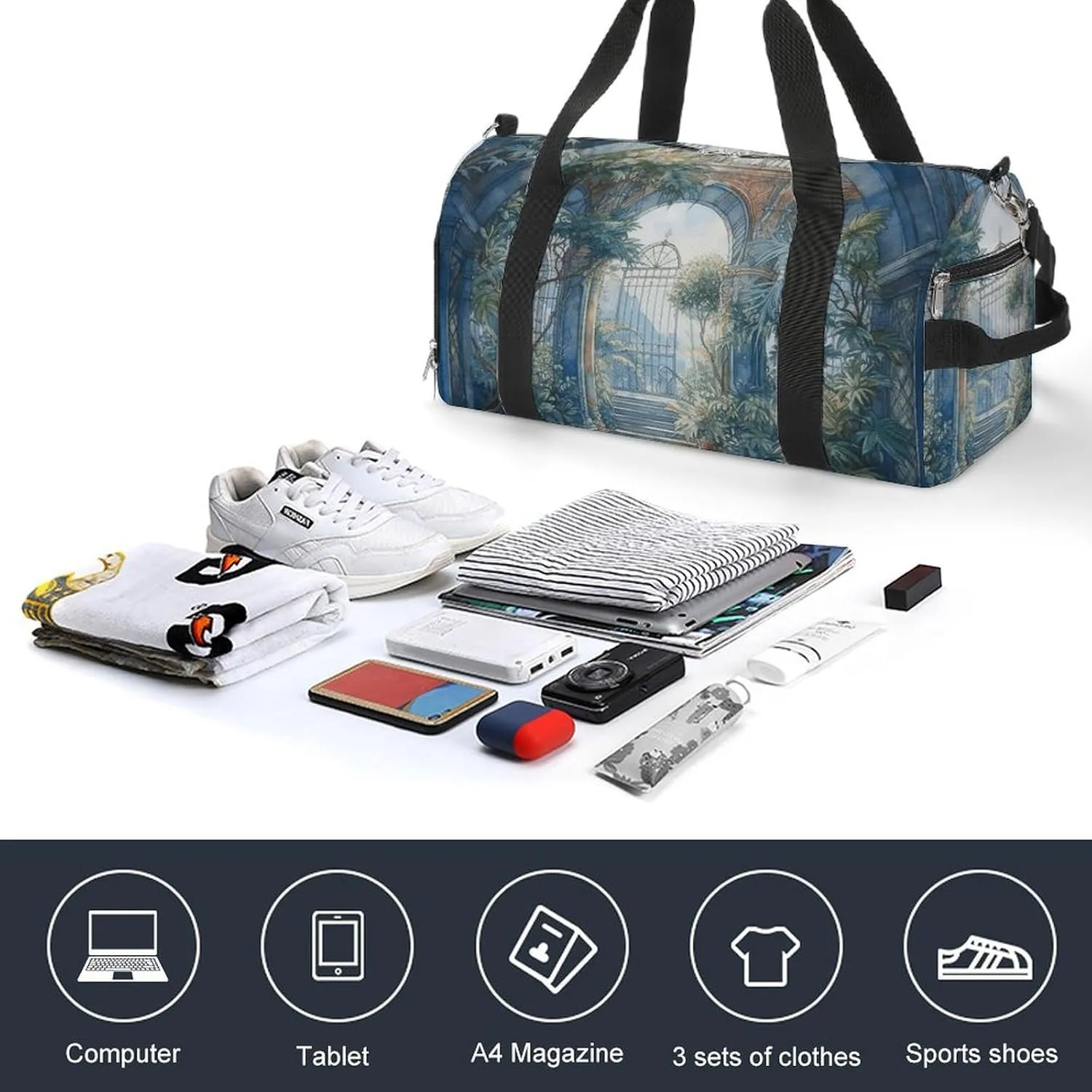 Gym Bags for Men Women Blue Arch with Plants Duffle Bag Travel Overnight Bag with Shoe Compartment Tote Bags