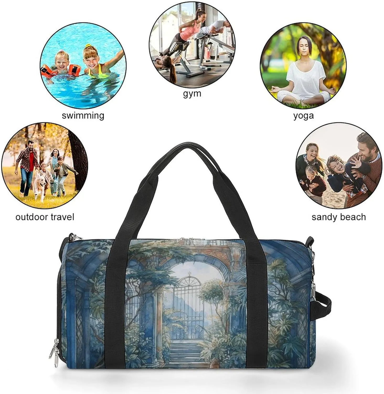 Gym Bags for Men Women Blue Arch with Plants Duffle Bag Travel Overnight Bag with Shoe Compartment Tote Bags