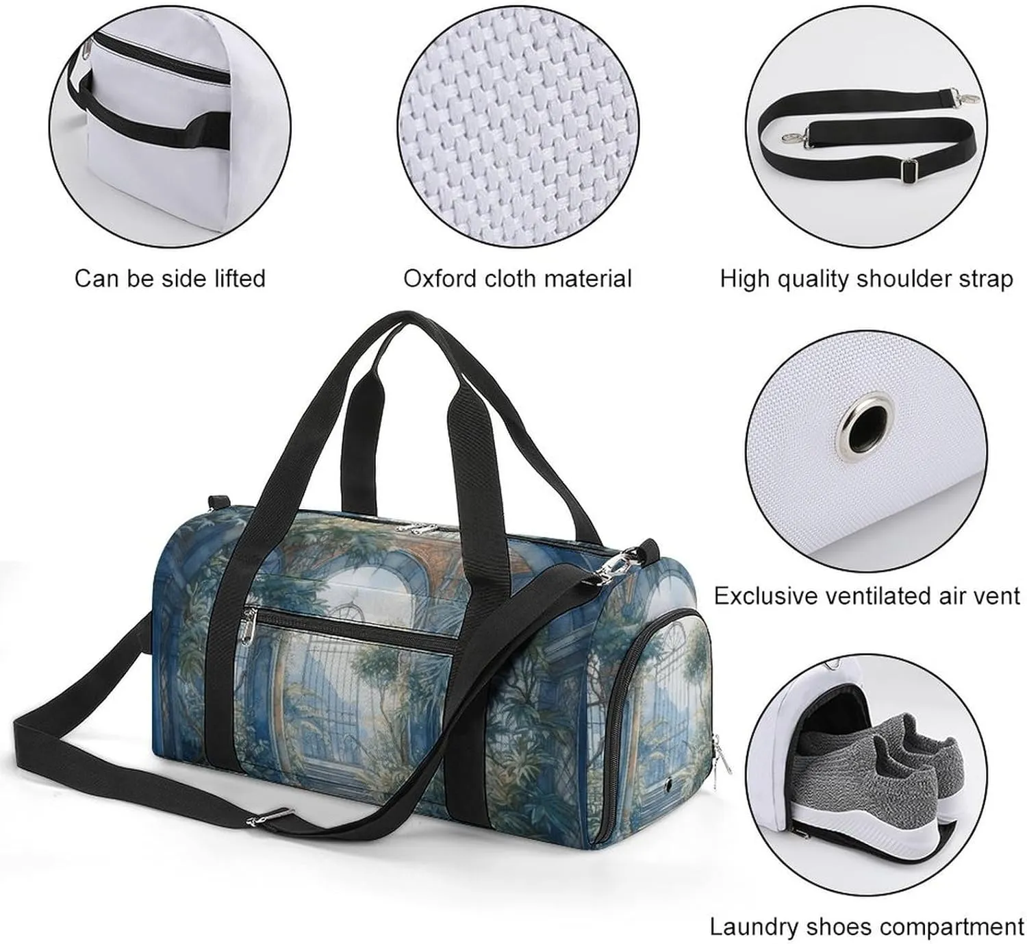Gym Bags for Men Women Blue Arch with Plants Duffle Bag Travel Overnight Bag with Shoe Compartment Tote Bags