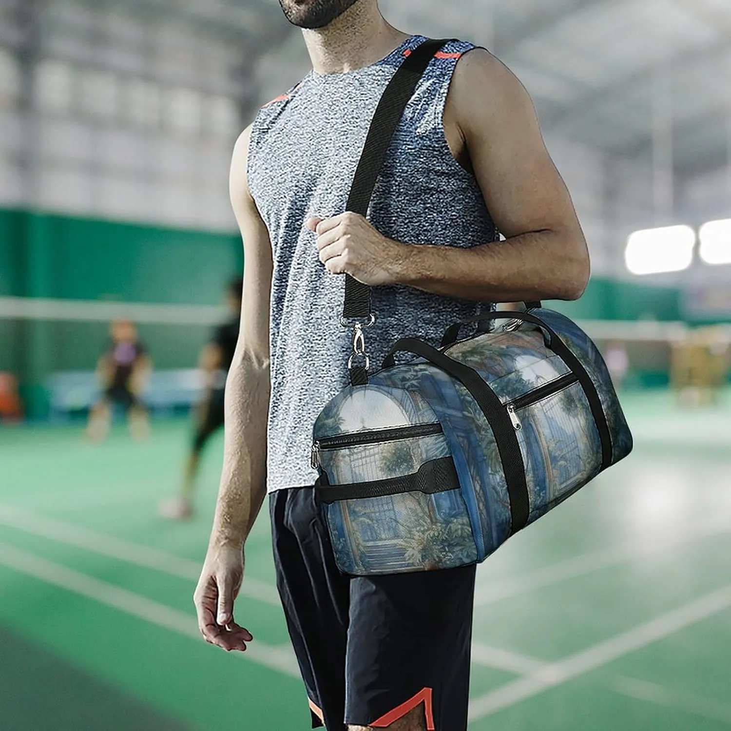 Gym Bags for Men Women Blue Arch with Plants Duffle Bag Travel Overnight Bag with Shoe Compartment Tote Bags