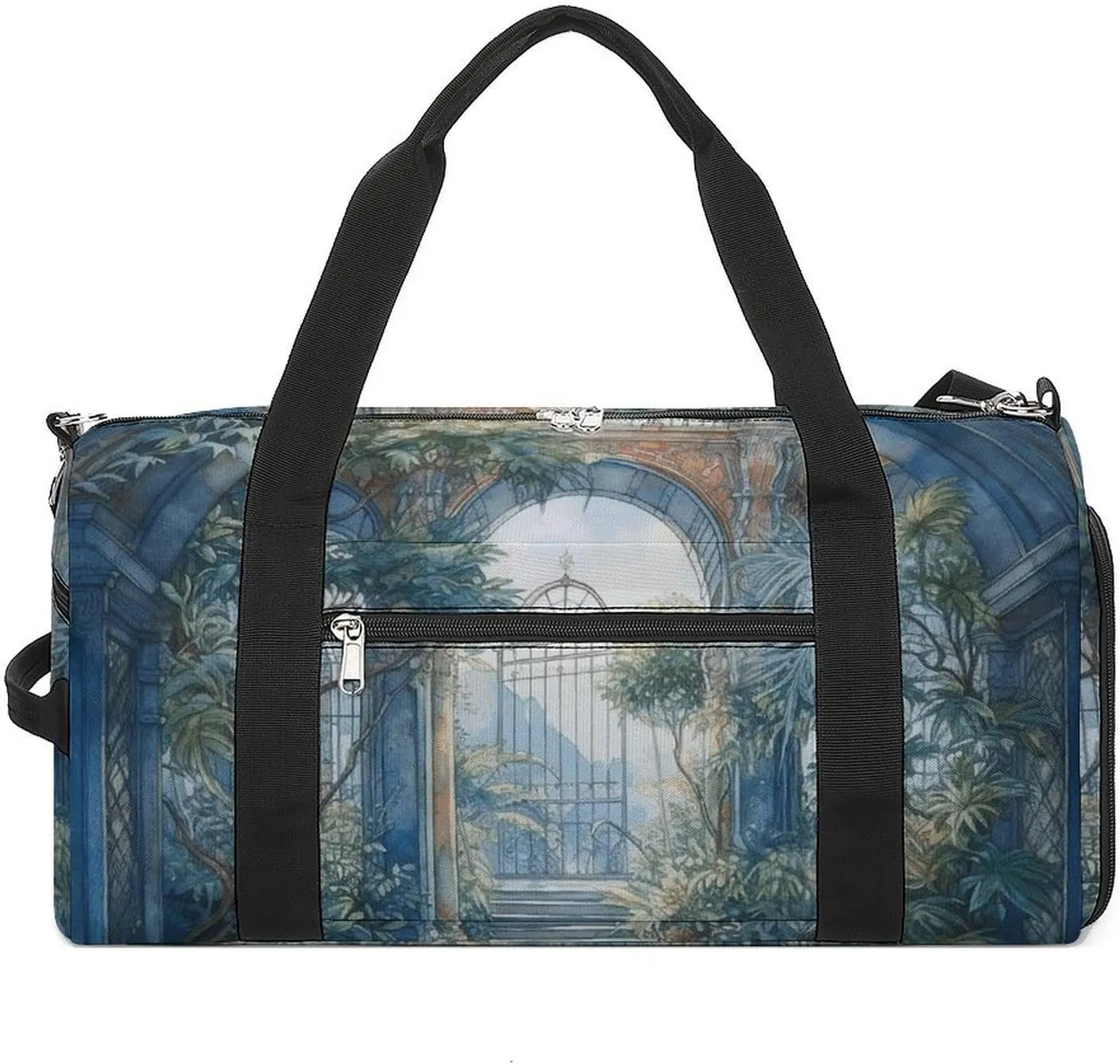 Gym Bags for Men Women Blue Arch with Plants Duffle Bag Travel Overnight Bag with Shoe Compartment Tote Bags