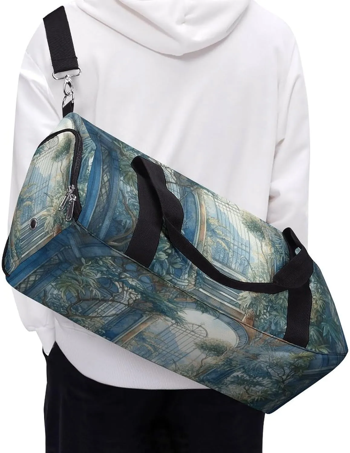 Gym Bags for Men Women Blue Arch with Plants Duffle Bag Travel Overnight Bag with Shoe Compartment Tote Bags