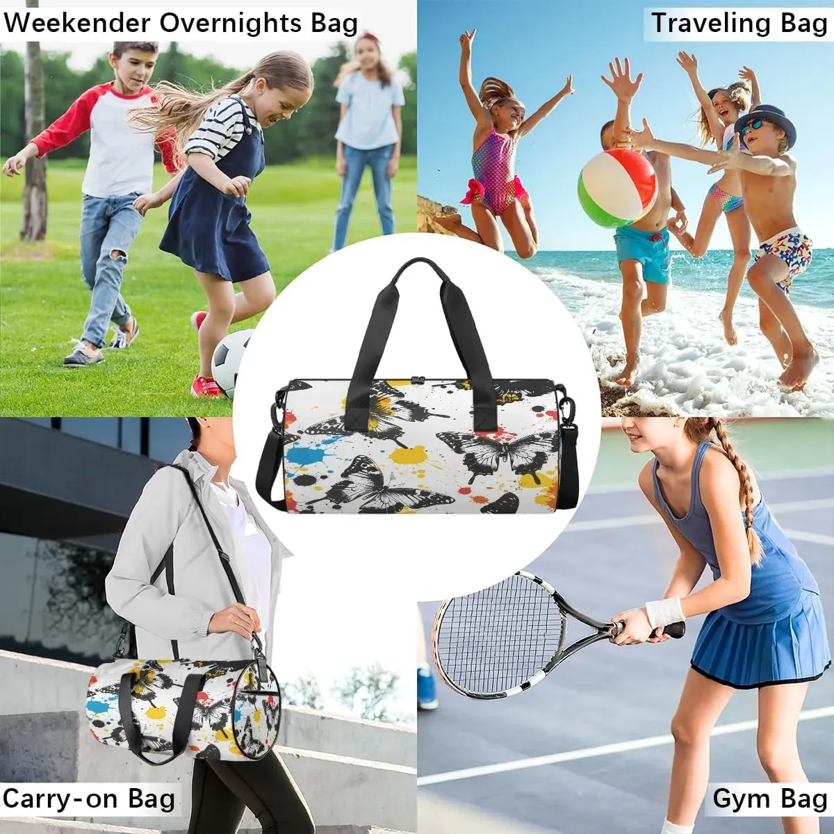 Gym Bags for Men Women Butterfly Graffiti Sports Duffel Bags Carry On Travel Duffle Bag with Detachable Adjustable Shoulder Strap Overnight Weekender Bag