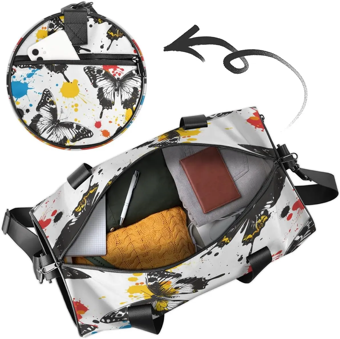 Gym Bags for Men Women Butterfly Graffiti Sports Duffel Bags Carry On Travel Duffle Bag with Detachable Adjustable Shoulder Strap Overnight Weekender Bag
