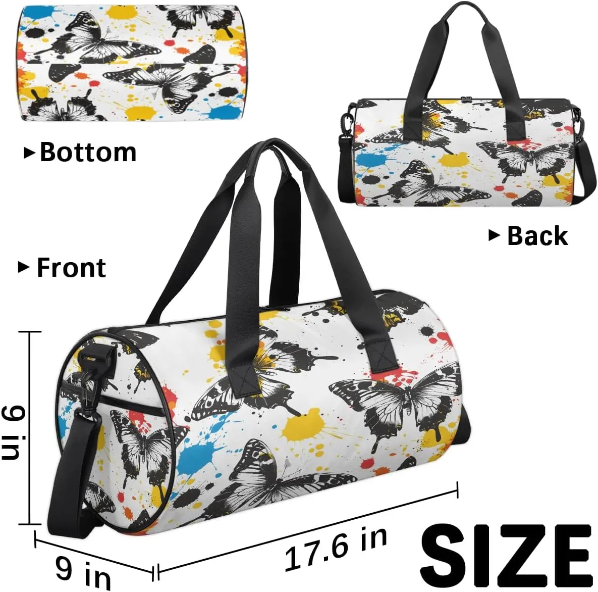 Gym Bags for Men Women Butterfly Graffiti Sports Duffel Bags Carry On Travel Duffle Bag with Detachable Adjustable Shoulder Strap Overnight Weekender Bag