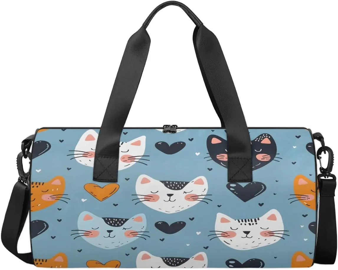 Gym Bags for Men Women Cats Love Hearts Sports Duffel Bags Carry On Travel Duffle Bag with Detachable Adjustable Shoulder Strap Overnight Weekender Bag